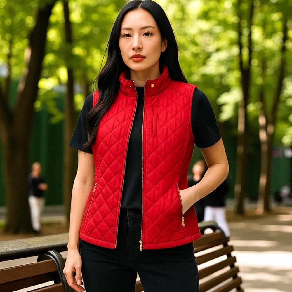 Tyler Boe Womens Full Zip Sleeveless Quilted Vest Red Size Med Gold Hardware EUC